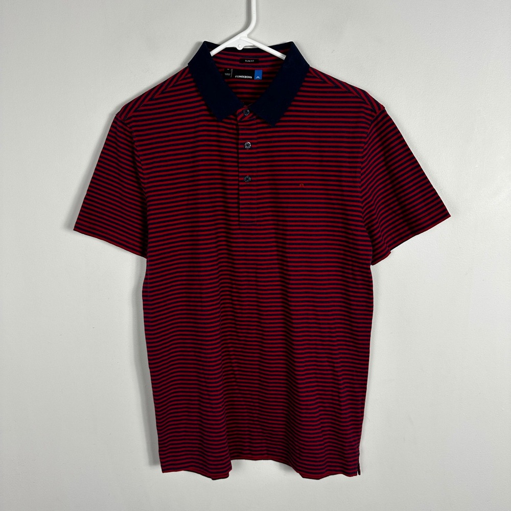 J. Lindeberg Red Blue Regis Slim Lux Striped Jersey Polo Shirt Mens Size Medium